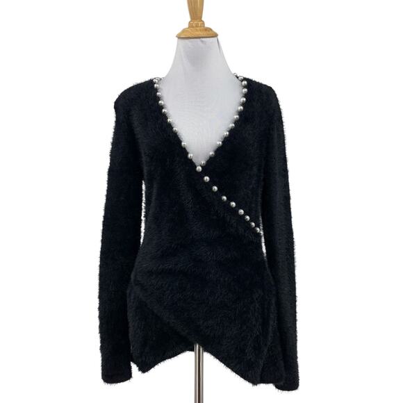 Boston Proper Sweater Womens S Small Black Faux Fur Beaded Pearl Trim Surplice - Picture 1 of 14